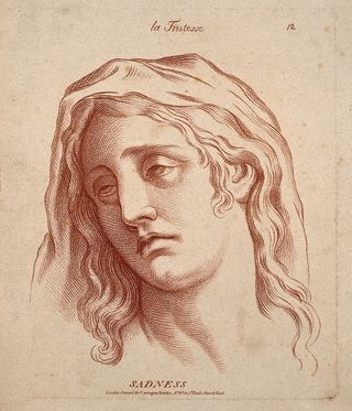 Женщина, лицо которой выражает печаль. Офорт в манере мелка В. Эберта, ок. 1770 г., по мотивам К. Лебрена.