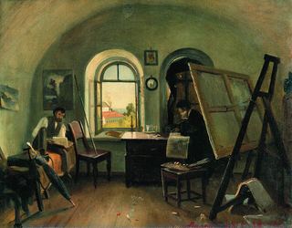 И. И. Шишкин и А. В. Гине в мастерской на острове Валааме