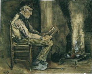 Фермер сидит у камина и читает, 1881