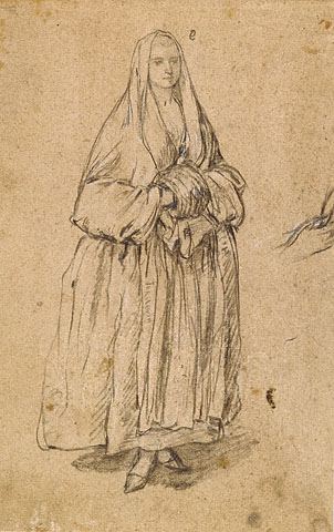 Стоящая женщина с муфтой, повернувшись вправо, 1755 - 1760