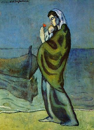 1902 MКre et enfant sur le rivage