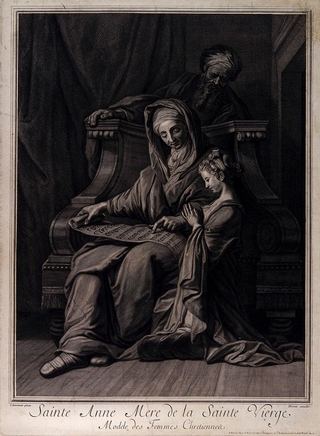 Святая Анна обучает Марию, а Иоаким наблюдает. Гравюра П. Древе по мотивам Ж. Жувене.