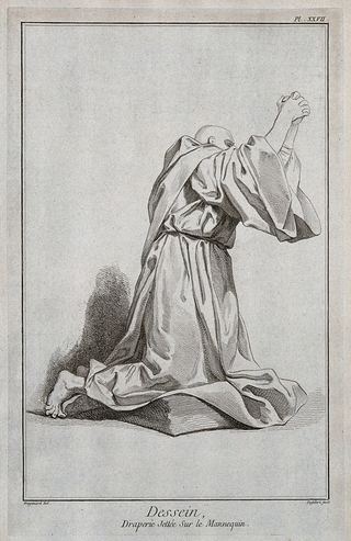 Коленопреклоненная фигура в монашеском одеянии со сложенными в молитве руками. Гравюра Деферта по мотивам Дж.Х. Фрагонар.