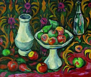 Натюрморт с бутылкой, кувшином и фруктами, c.1910 - Илья Машков