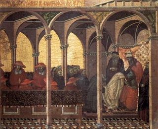Панель Пределла. Одобрение новой кармелитской привычки Папой Гонорием IV, 1329