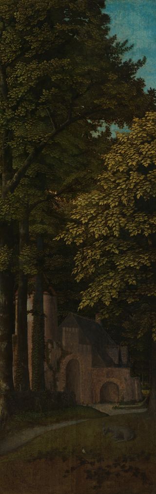 Внешняя левая створка триптиха с видом на лес.