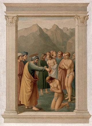 Крещение Святого Петра. Хромолитография Л. Грюнера по Марианнеччи по Мазаччо.
