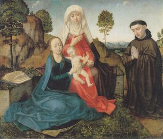 Богоматерь с Младенцем, Святой Анной и францисканским донором, около 1475 - Хьюго ван дер Гус