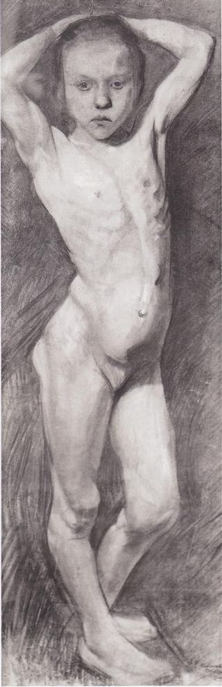 Стоящая обнаженная девушка, скрестив руки за головой, c.1899 - Паула Модерсон-Беккер
