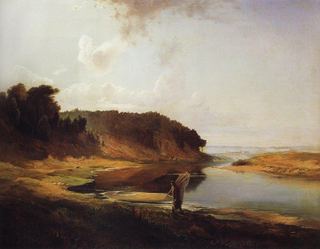 Пейзаж с рекой и рыбаком. 1859