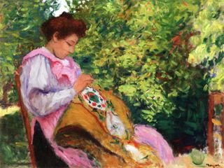 Девушка вышивает, сидя в саду, 1896