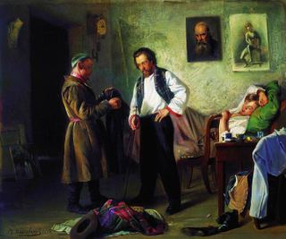 Художник, продающий татарину старинные вещи (Мастерская художника), 1865 - Владимир Маковский