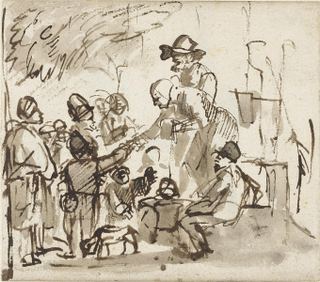 Пожилая пара, раздающая товары детям на открытом воздухе, 1645