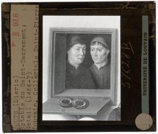 Дирк Баутс. Центральная панель «Тайная вечеря», деталь: Льеж с двумя мужчинами.