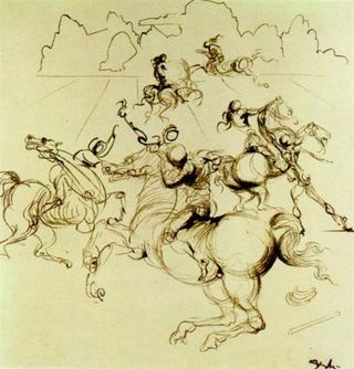 Сюрреалистические рыцари на четырехчастном экране, в центре справа, c.1934