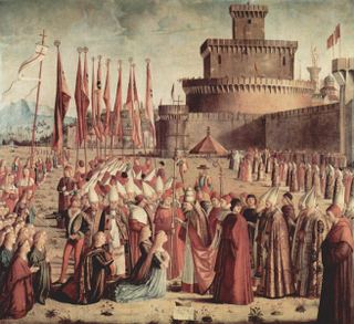 Паломники встречают папу Кириака у стен Рима, 1493
