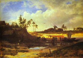 Крестьяне с лодкой на песчаном берегу, 1868