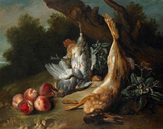 Натюрморт с дохлой дичью и персиками на фоне пейзажа, 1727