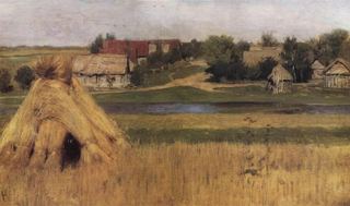 Снопы и деревня за рекой, c.1881