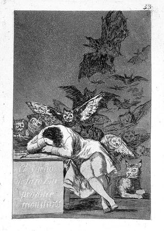 Спящий человек мечтает о монстрах. Офорт Ф. Гойи, 1796/98.
