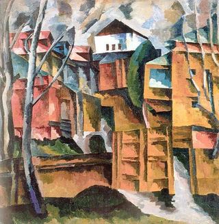 Пейзаж с белым домом и желтыми воротами, 1922 - Аристарх Лентулов