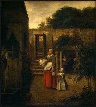 Женщина с ребенком во дворе, c.1660