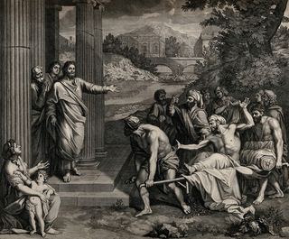 Христос исцеляет расслабленного. Офорт Б. Пикара по Жану Жувене, 1683 год.