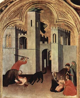 Чудо ребенка, подвергшегося нападению и спасенного. Августин Новелло, 1328 - Симона Мартини