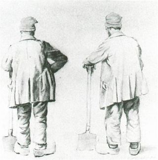Два наброска человека, опирающегося на лопату, 1867