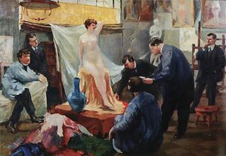 Постановка модели в мастерской Ильи Репина, 1899 - Борис Кустодиев