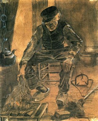 Старик кладет в очаг сухой рис, 1881