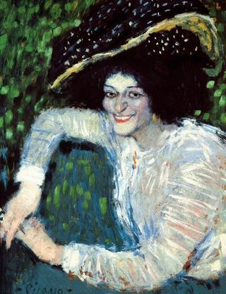 1901 Femme souriante au chapeau Е plumes