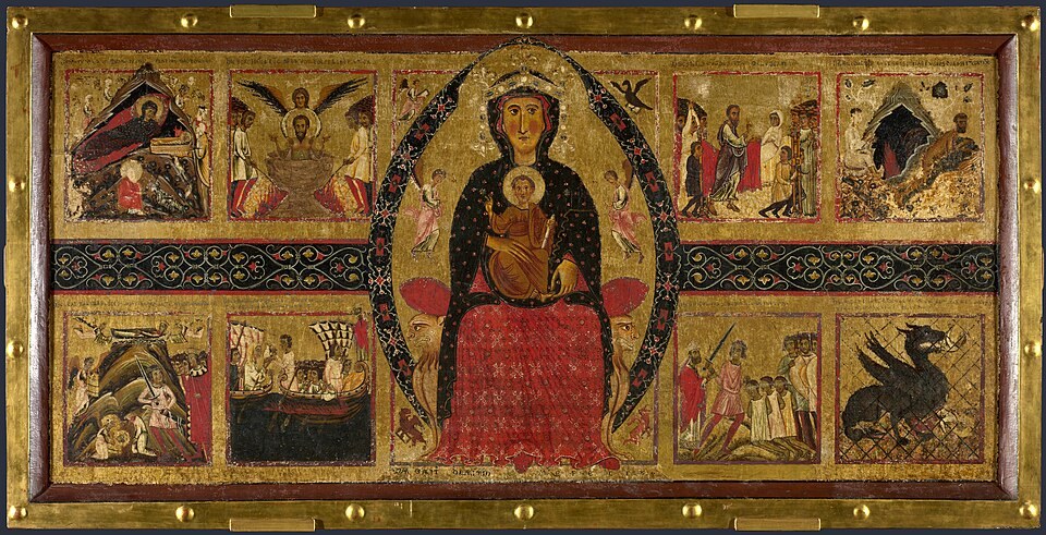 Богородица с Младенцем на троне, с сюжетными сценами