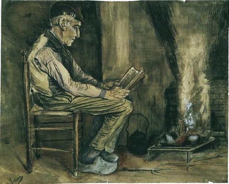 Фермер сидит у камина и читает, 1881