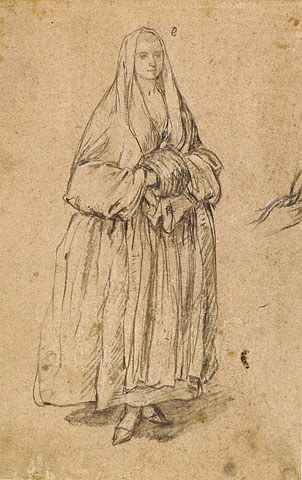 Стоящая женщина с муфтой, повернувшись вправо, 1755 - 1760