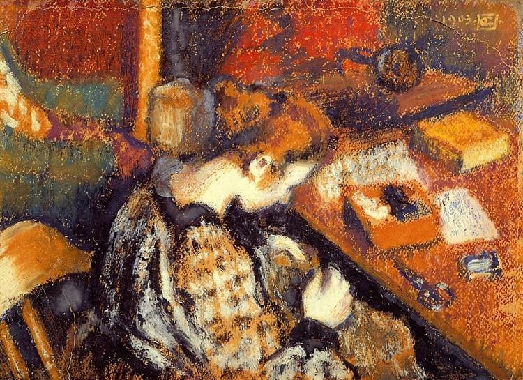 Молодая женщина за шитьем, 1905