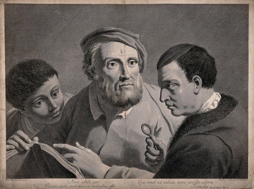 Двое мужчин и мальчик читают книгу, один мужчина держит увеличительное стекло. Линейная гравюра Н. Кавелли по мотивам Д. Маджотто.