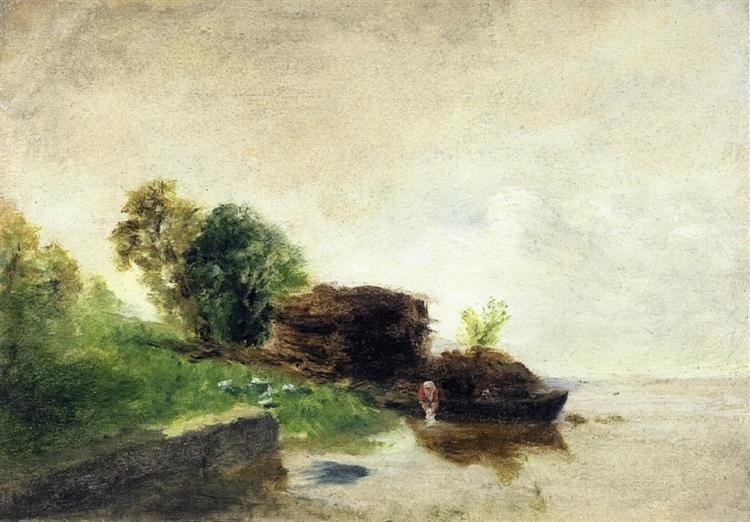 Прачка на берегу реки, c.1855 - Камиль Писсарро
