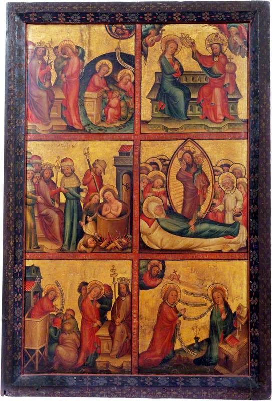 3 сцены из жития святого Иоанна Богослова; 3 сцены из жизни Богородицы (алтарный образ триптиха, левая створка, внешняя)