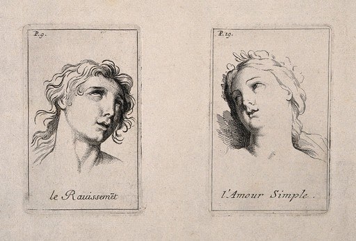 Лицо женщины в экстазе (слева); женское лицо, выражающее простую любовь (справа). Офорт Б. Пикара, 1713 г., по мотивам К. Лебрена.