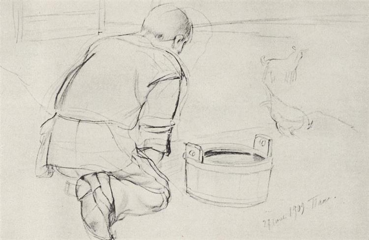 Фигура С.Ф.Петрова-Водкина, отца художника, стоящего на коленях сзади, 1909 - Кузьма Петров-Водкин
