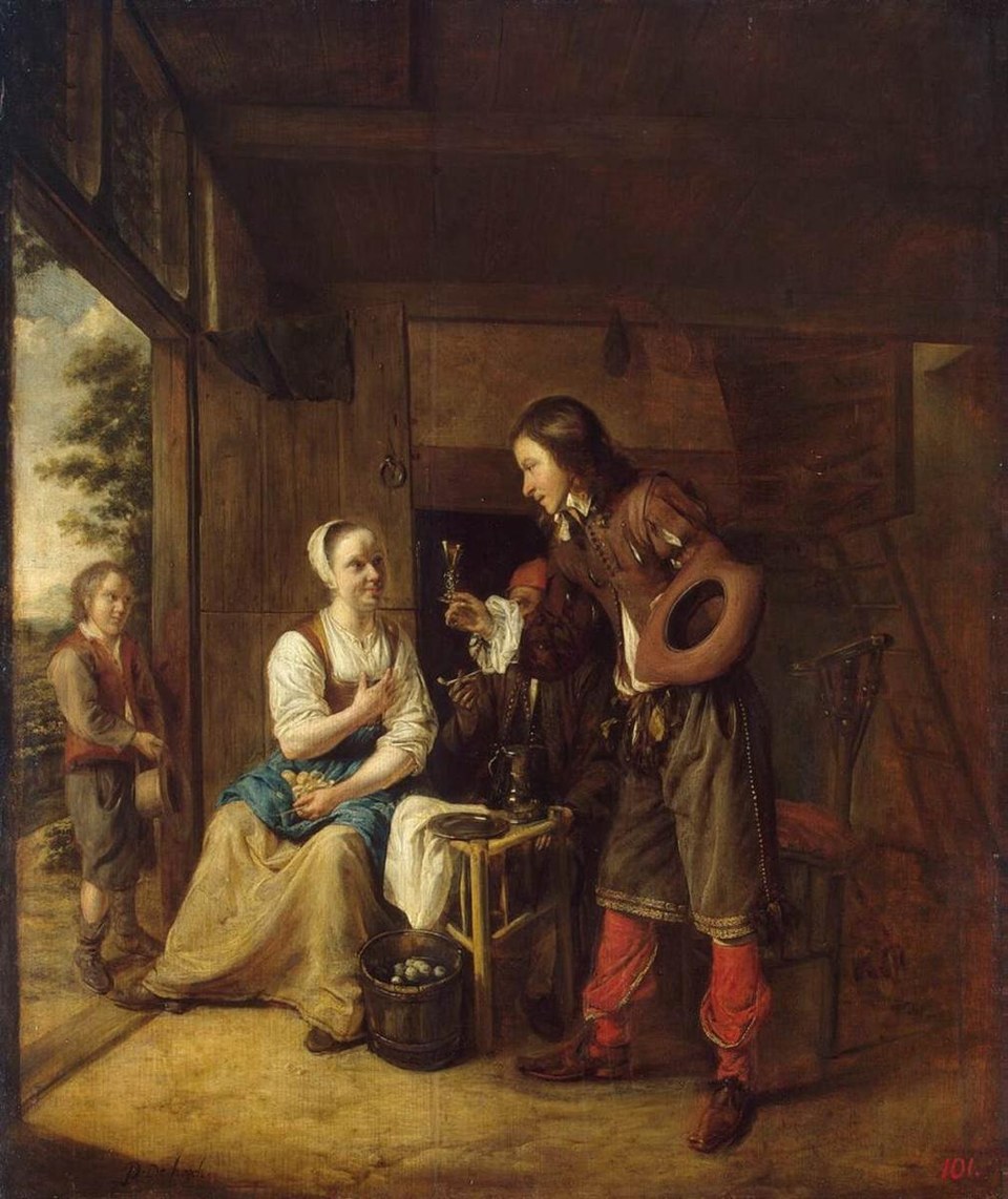 Мужчина предлагает женщине бокал вина, 1653
