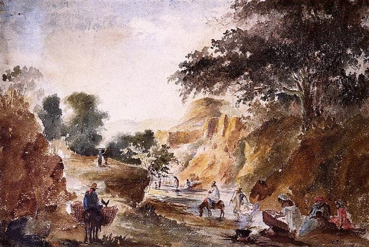 Пейзаж с фигурами у реки, c.1853 - c.1854 - Камиль Писсарро