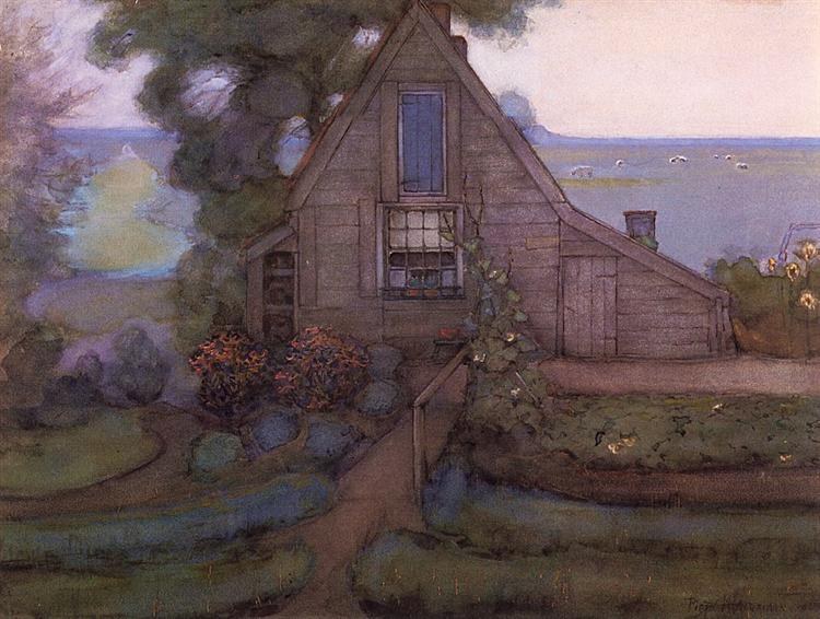 Треугольный фасад фермерского дома с польдером синего цвета, c.1900