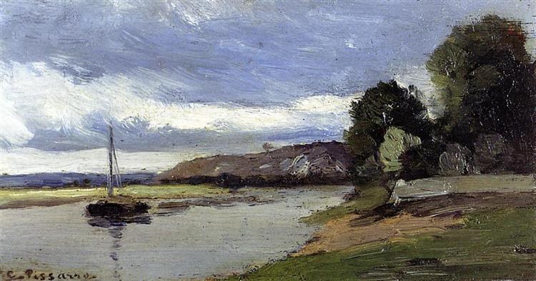 Берега реки с баржей, c.1864 - Камиль Писсарро