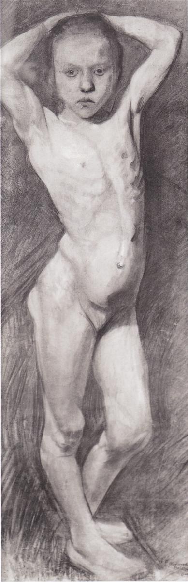 Стоящая обнаженная девушка, скрестив руки за головой, c.1899 - Паула Модерсон-Беккер