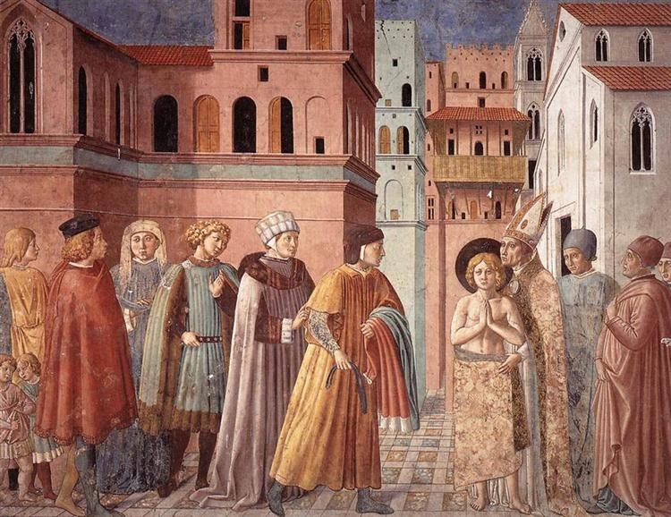 Отречение от мирских благ и епископ Ассизский одевает святого Франциска, 1452