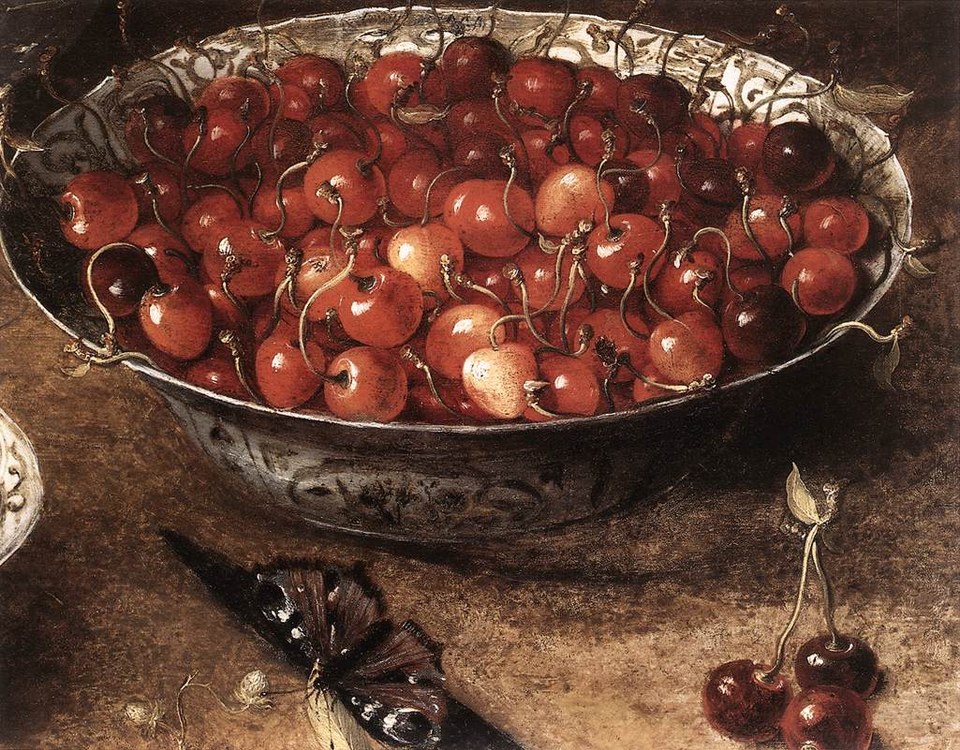 Натюрморт с вишней и клубникой в ​​китайских мисках (фрагмент)