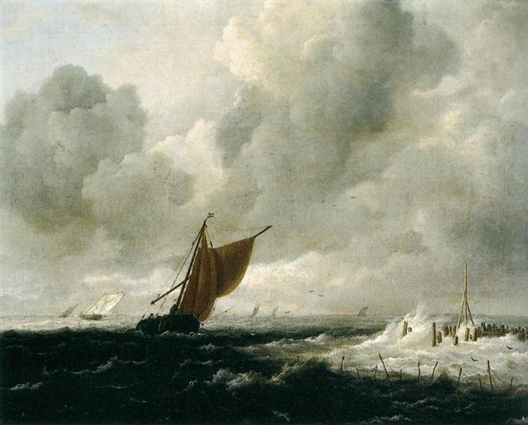 Бурное море с парусными судами, 1668 - Якоб ван Рейсдал