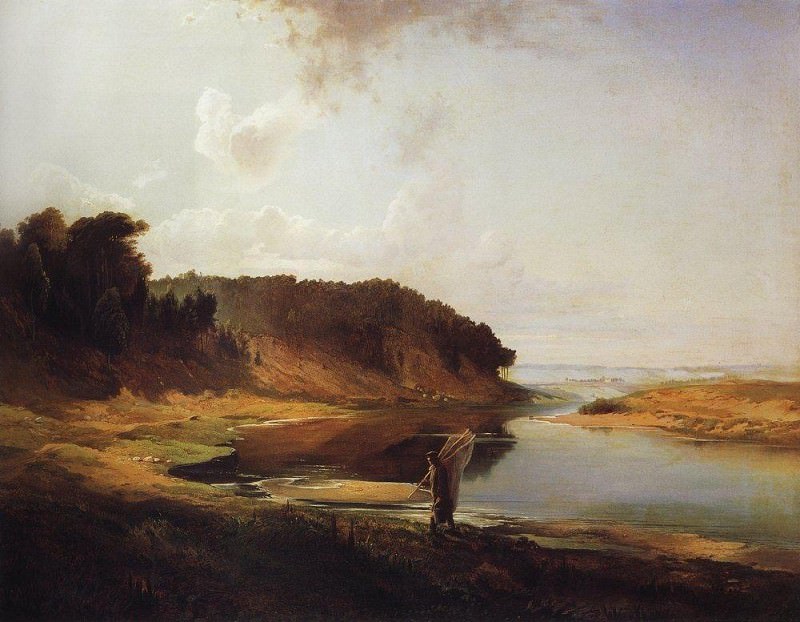 Пейзаж с рекой и рыбаком. 1859